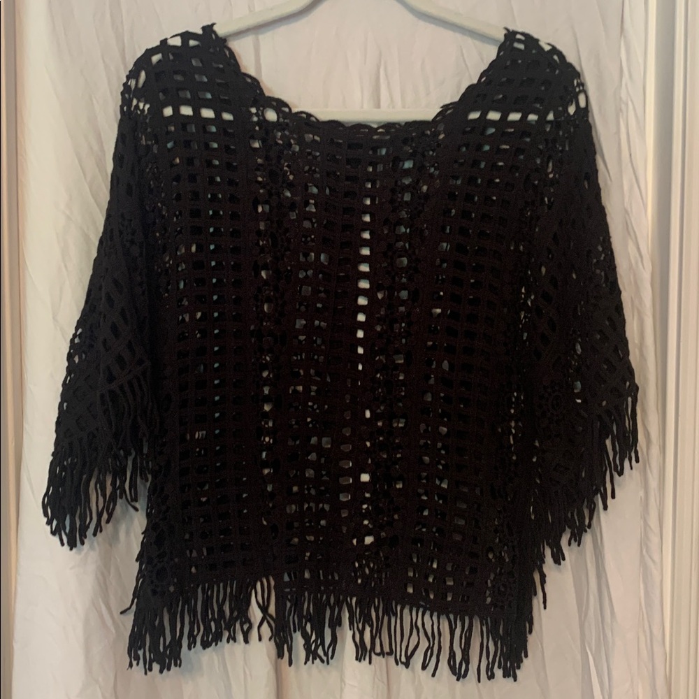 Capri Black Crochet Fringe Poncho EUC
